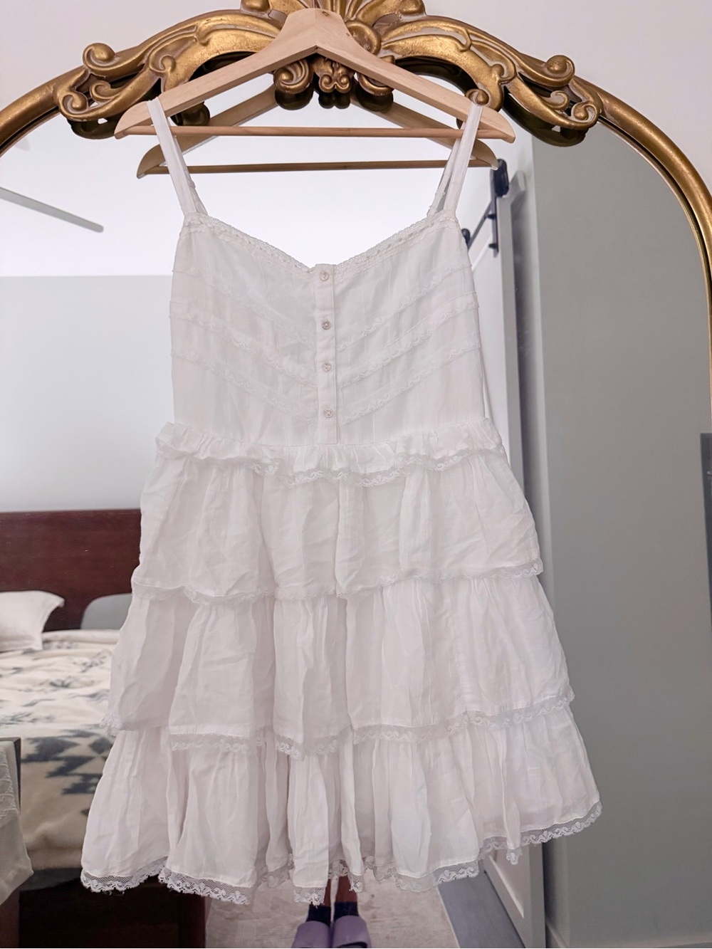American Eagle Outfitters White Smocked Top with Lace Trim